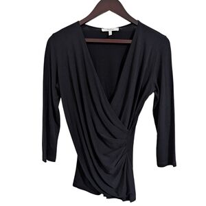 Max Mara Black V-Neck Ruched Jersey Top 3/4 Sleeve Size M
